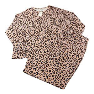 Dobreva Pajamas Set Womens XL Pink Leopard Animal Print Jogger Long Slv Top Cozy